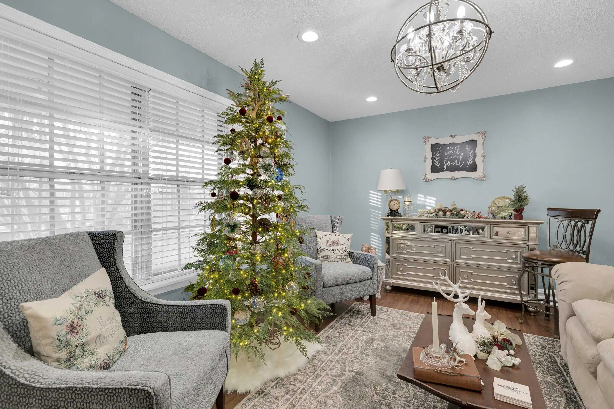 Professionally edited holiday-themed living room photograph