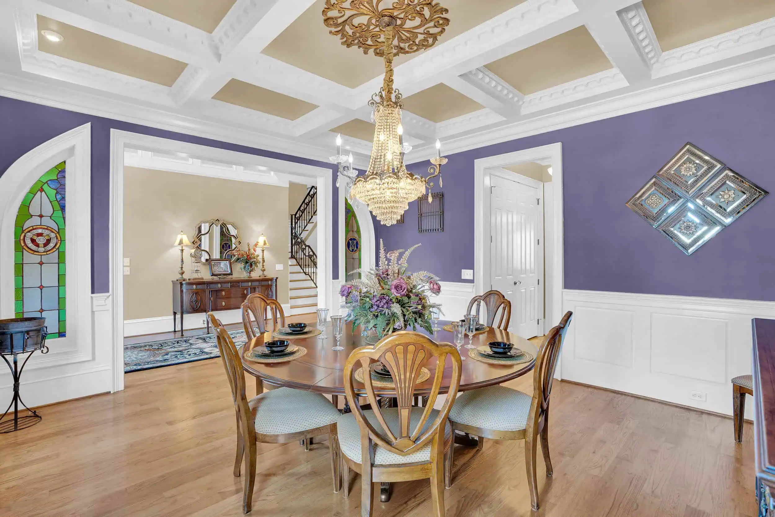 Professionally edited purple dining room photograph