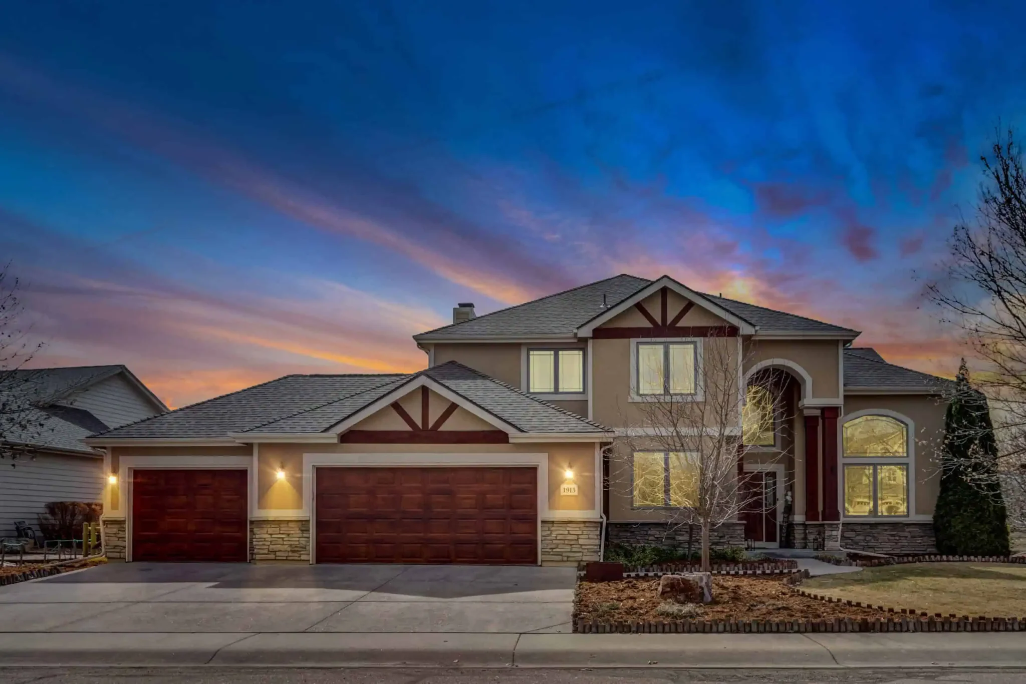 Residential home exterior converted into a realistic twilight scene