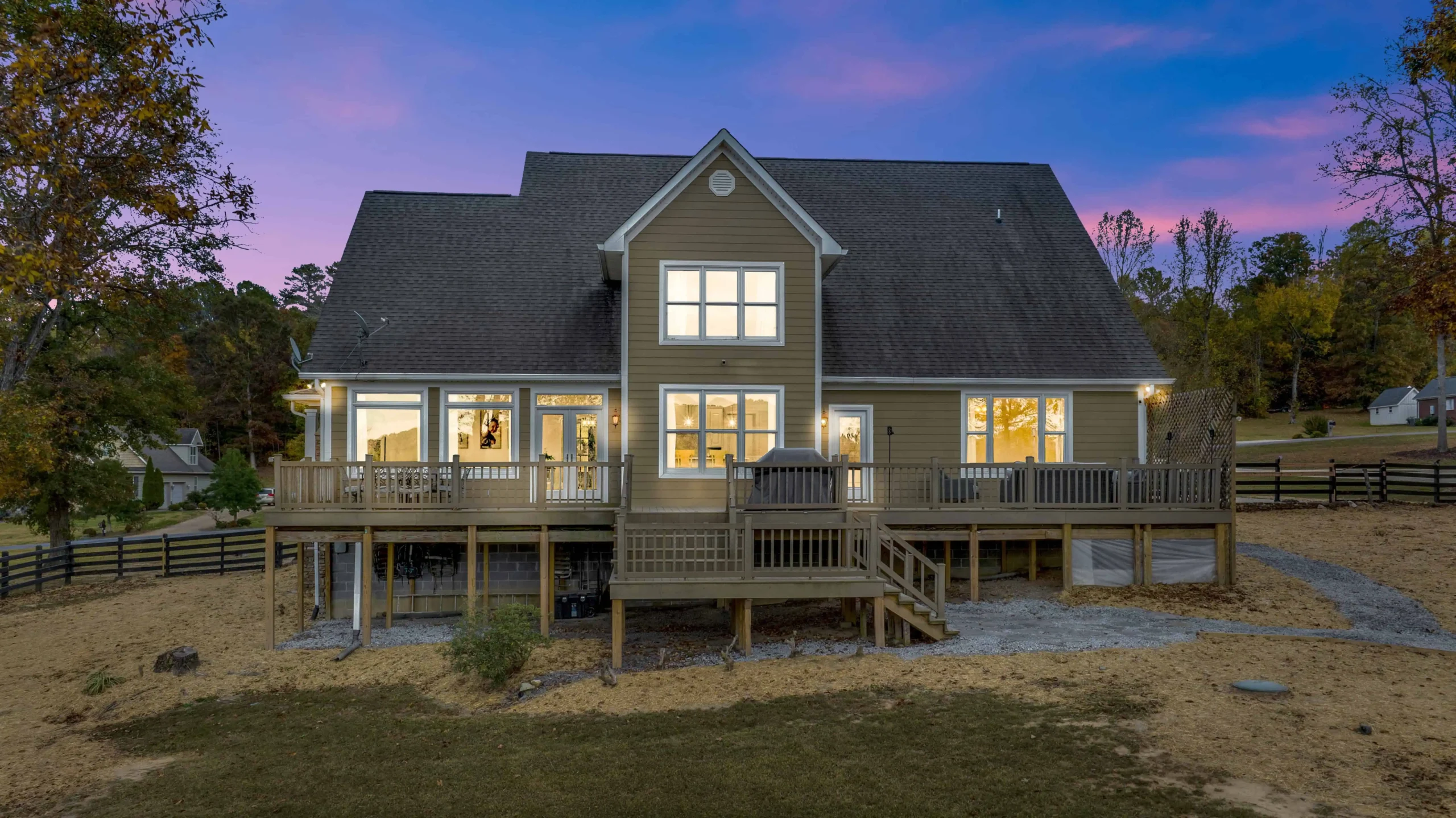Real estate exterior converted from daylight to twilight
